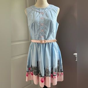 Hell Bunny Large Pastel Blue Sleeveless Midi Dress with Paris and Floral Print
